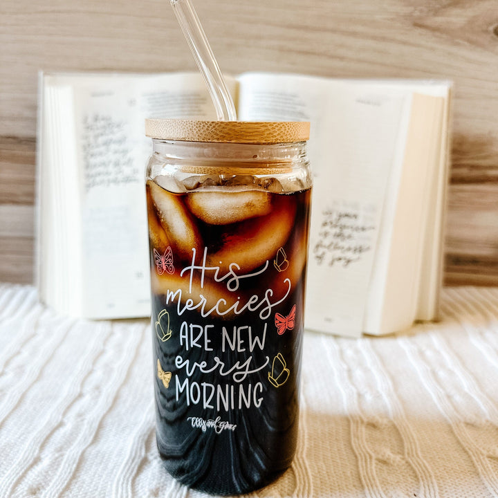 ellyandgrace Tumbler 20oz New Mercies Inspirational Glass Tumbler