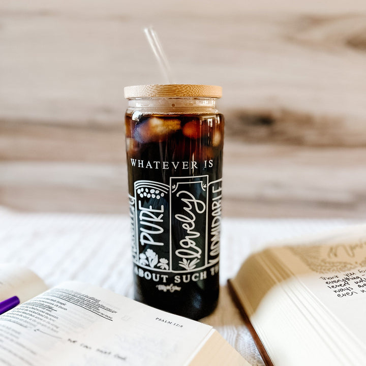 ellyandgrace Tumbler 20oz Philippians 4:8 Inspirational Glass Tumbler
