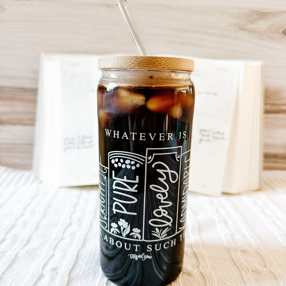 ellyandgrace Tumbler 20oz Philippians 4:8 Inspirational Glass Tumbler