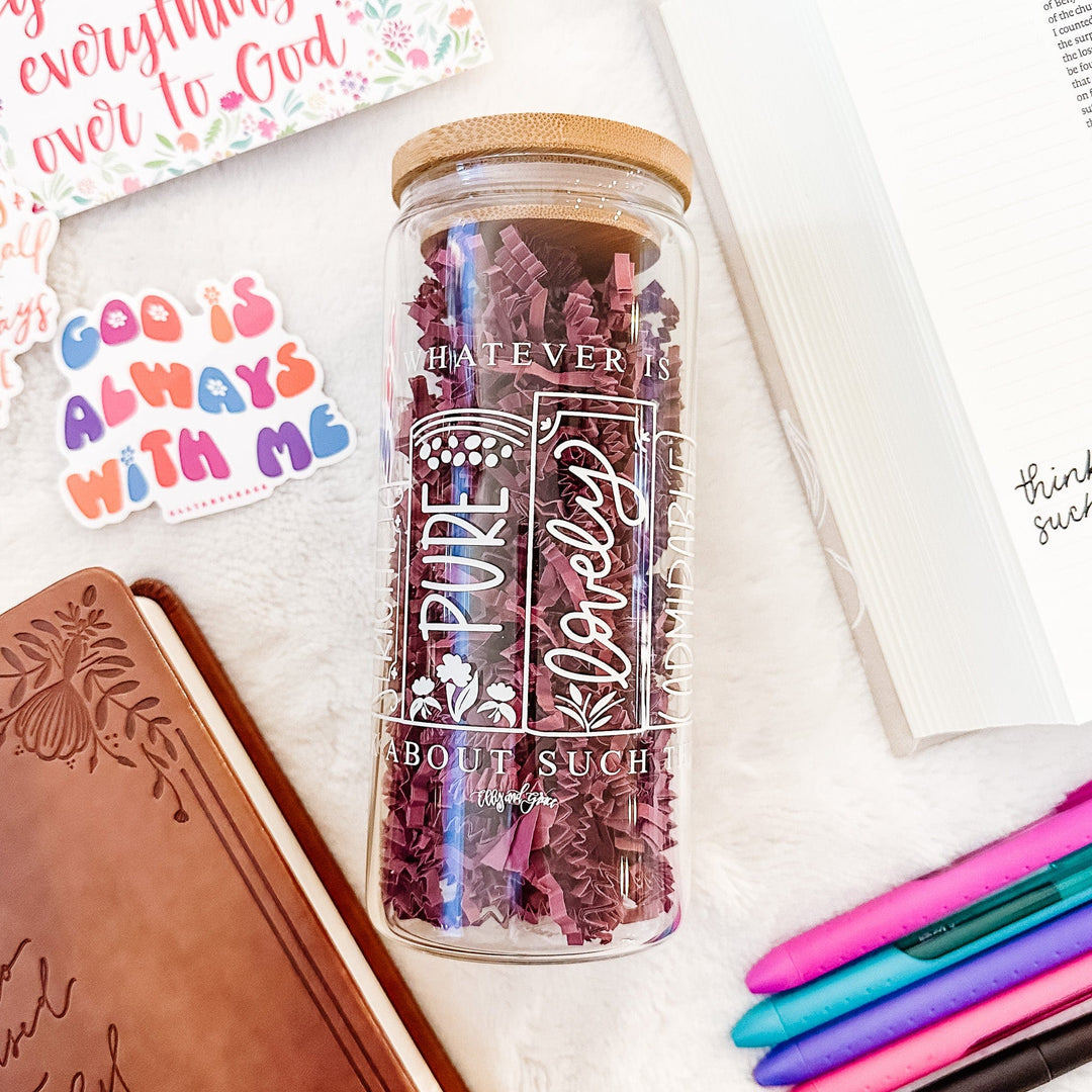 ellyandgrace Tumbler 20oz Philippians 4:8 Inspirational Glass Tumbler