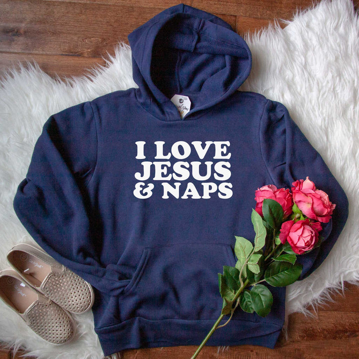 ellyandgrace YTH3719 Youth Small / Navy I Love Jesus and Naps Retro Premium Kids Hoodie