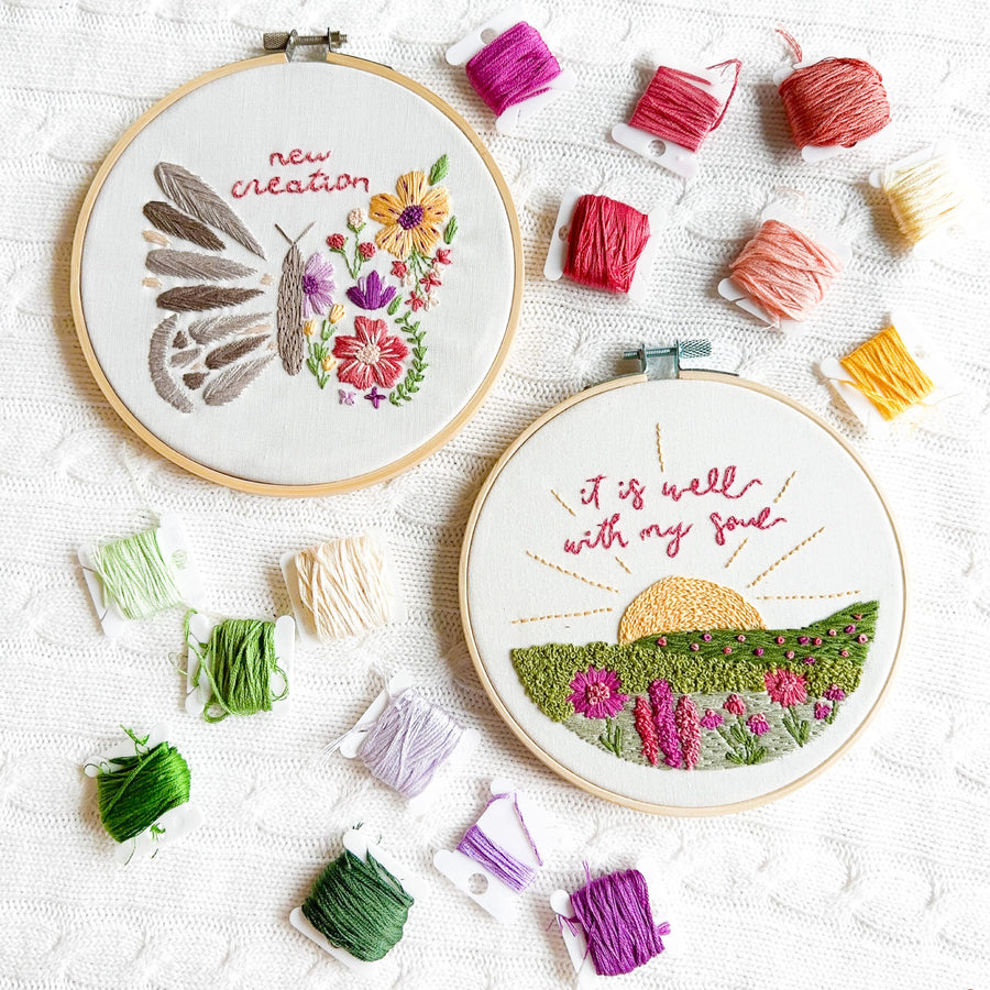 Embroidery kit contents: hoops, pre-printed fabric and floss