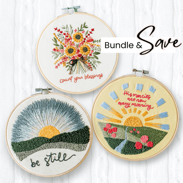 Elly and Grace 3-PC Embroidery Bundle: Be Still + His Mercies Are New Every Morning + Count Your Blessings