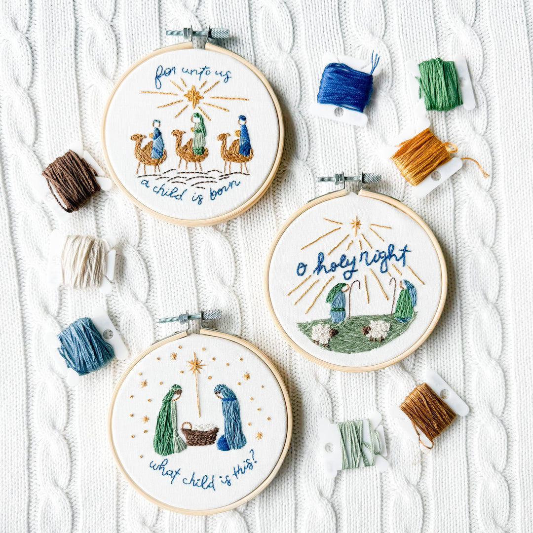 Elly and Grace Bundle 12-PC Christmas Ornament Embroidery Kit Bundle: Silent Night + Joy To The World + Glory To God + For Unto Us