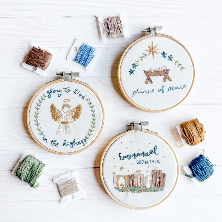 Elly and Grace Bundle 12-PC Christmas Ornament Embroidery Kit Bundle: Silent Night + Joy To The World + Glory To God + For Unto Us