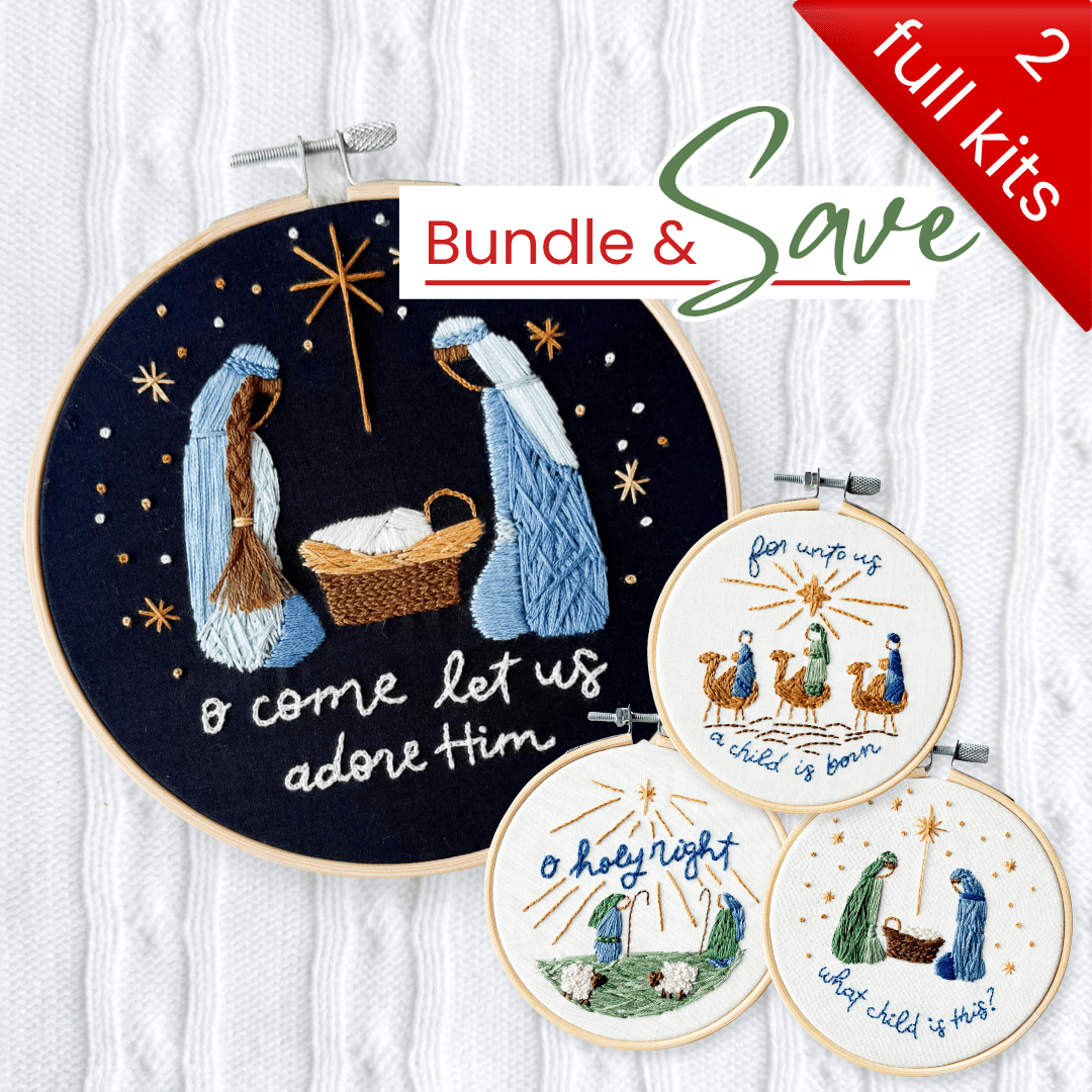 Elly and Grace Bundle 4-PC Christmas Ornament & Embroidery Kit Bundle: O Come Let Us Adore Him + For Unto Us
