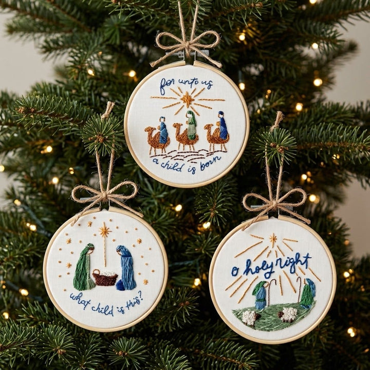 Elly and Grace Bundle 6-PC Christmas Ornament Embroidery Kit Bundle: For Unto Us + Glory To God Ornament Sets