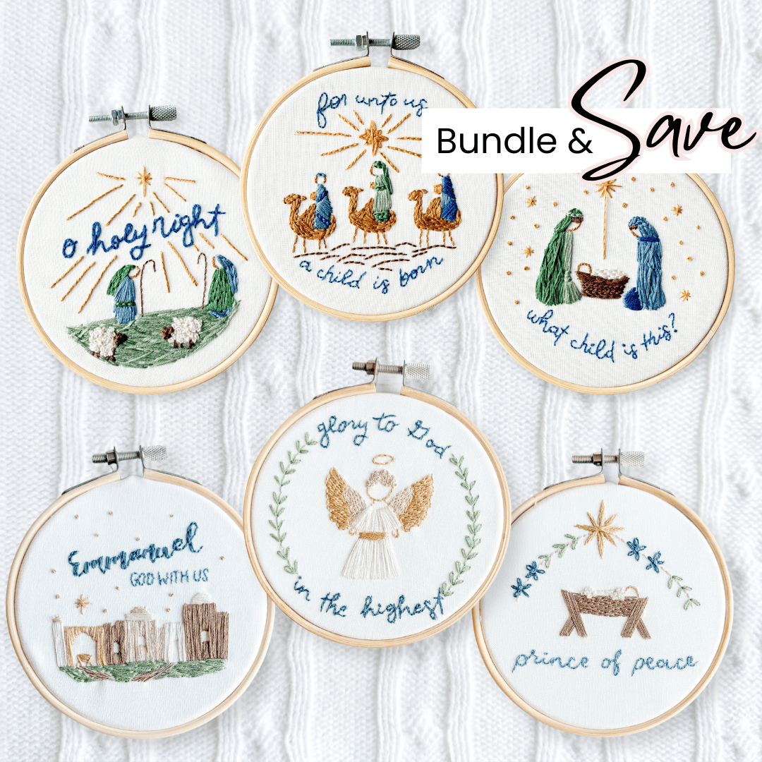 Elly and Grace Bundle 6-PC Christmas Ornament Embroidery Kit Bundle: For Unto Us + Glory To God Ornament Sets