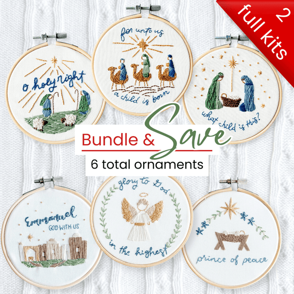Elly and Grace Bundle 6-PC Christmas Ornament Embroidery Kit Bundle: For Unto Us + Glory To God Ornament Sets