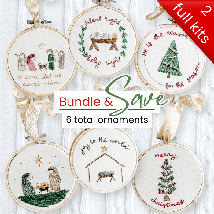 Elly and Grace Bundle 6- PC Christmas Ornament Embroidery Kit Bundle: Silent Night + Joy To The World