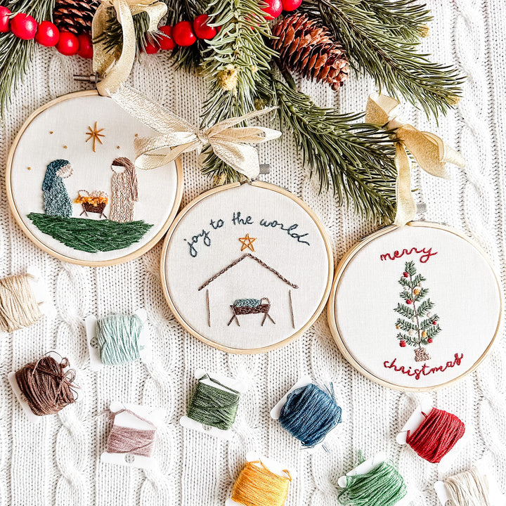 Elly and Grace Bundle 9-PC Christmas Ornament Embroidery Kit Bundle: Joy To The World + Glory To God + For Unto Us