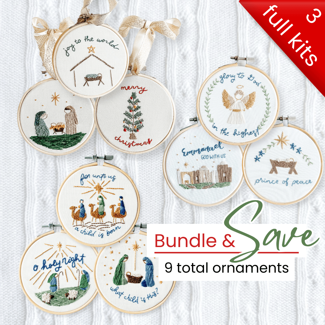 Elly and Grace Bundle 9-PC Christmas Ornament Embroidery Kit Bundle: Joy To The World + Glory To God + For Unto Us