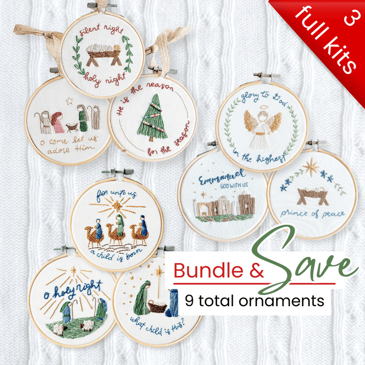 Elly and Grace Bundle 9-PC Christmas Ornament Embroidery Kit Bundle: Silent Night + Glory To God + For Unto Us