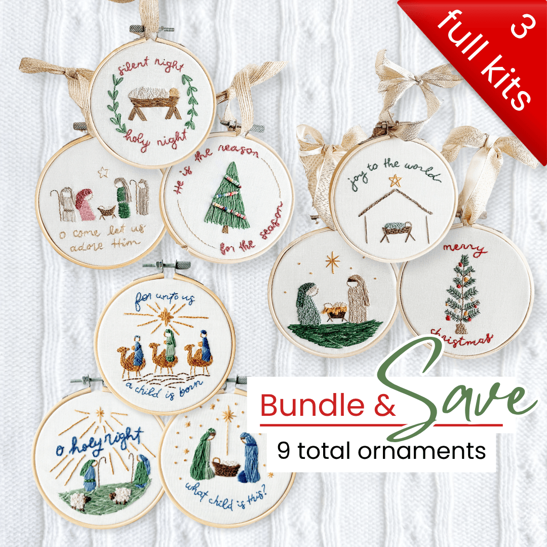 Elly and Grace Bundle 9-PC Christmas Ornament Embroidery Kit Bundle: Silent Night + Joy To The World + For Unto Us