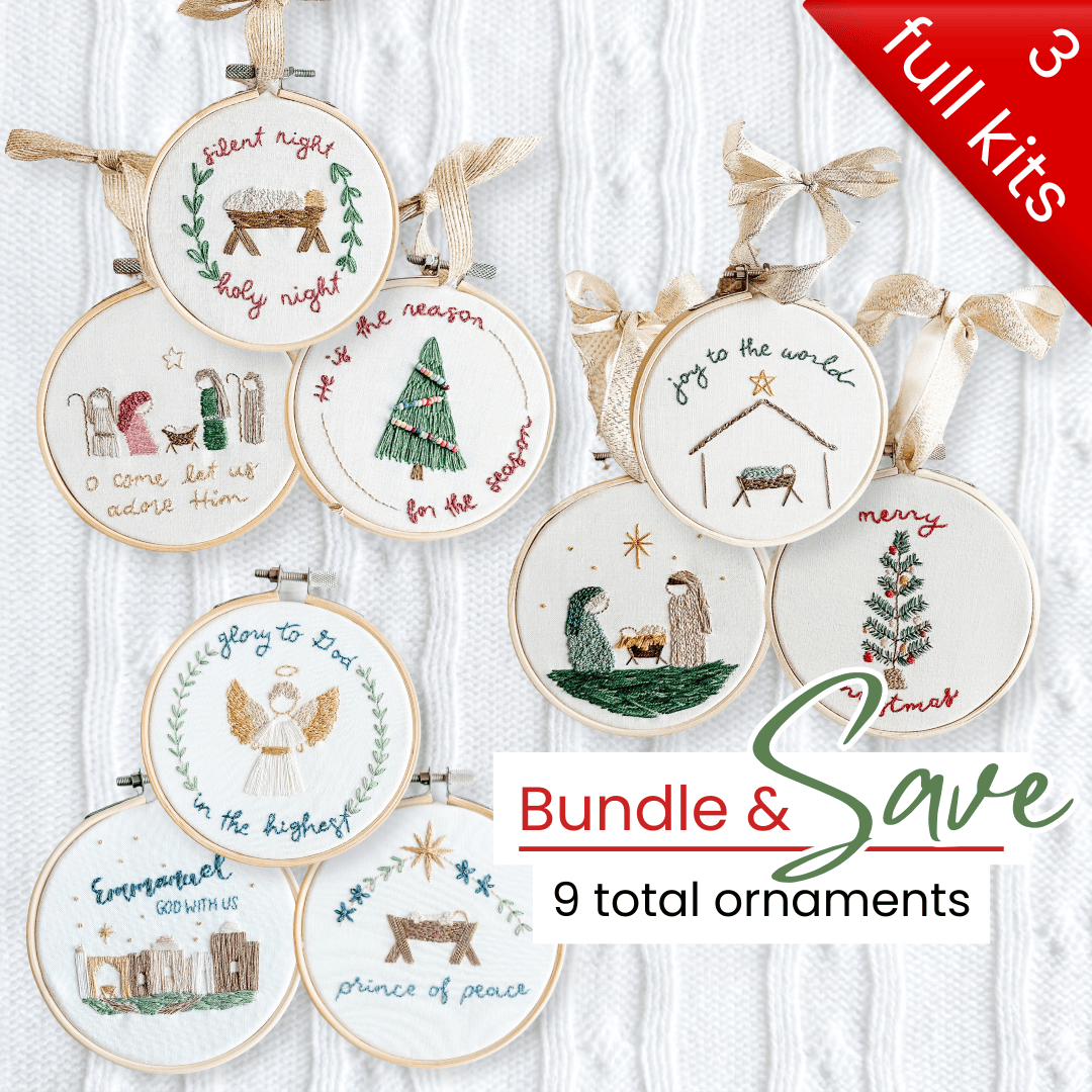 Elly and Grace Bundle 9-PC Christmas Ornament Embroidery Kit Bundle: Silent Night + Joy To The World + Glory To God