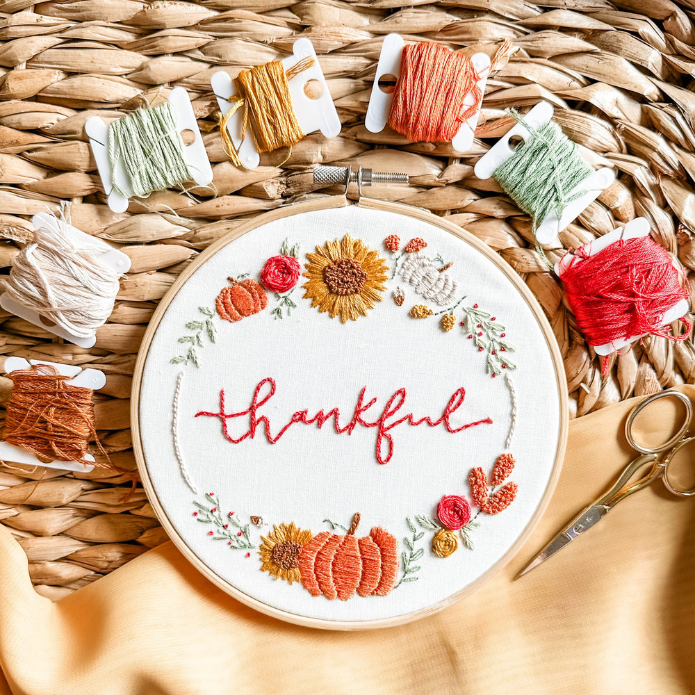 Elly and Grace Embroidery Kit 3-PC Fall Embroidery Bundle: Count Your Blessings, Landscape Give Thanks, Thankful Wreath Embroidery Kits