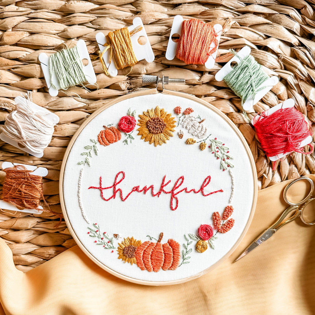 Elly and Grace Embroidery Kit 3-PC Fall Embroidery Bundle: Count Your Blessings, Landscape Give Thanks, Thankful Wreath Embroidery Kits