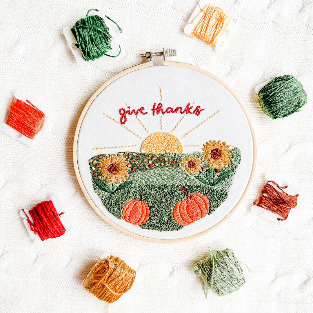 Elly and Grace Embroidery Kit 3-PC Fall Embroidery Bundle: Count Your Blessings, Landscape Give Thanks, Thankful Wreath Embroidery Kits