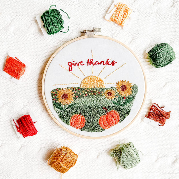 Elly and Grace Embroidery Kit 3-PC Fall Embroidery Bundle: Count Your Blessings, Landscape Give Thanks, Thankful Wreath Embroidery Kits