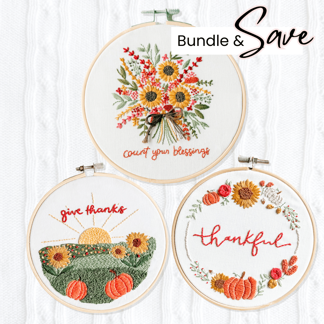 Elly and Grace Embroidery Kit 3-PC Fall Embroidery Bundle: Count Your Blessings, Landscape Give Thanks, Thankful Wreath Embroidery Kits