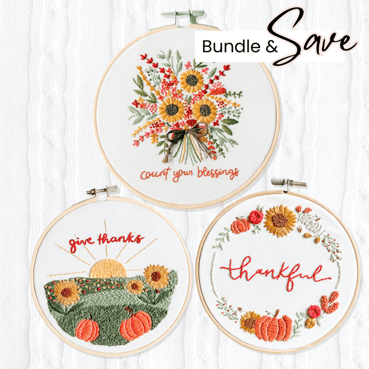Elly and Grace Embroidery Kit 3-PC Fall Embroidery Bundle: Count Your Blessings, Landscape Give Thanks, Thankful Wreath Embroidery Kits
