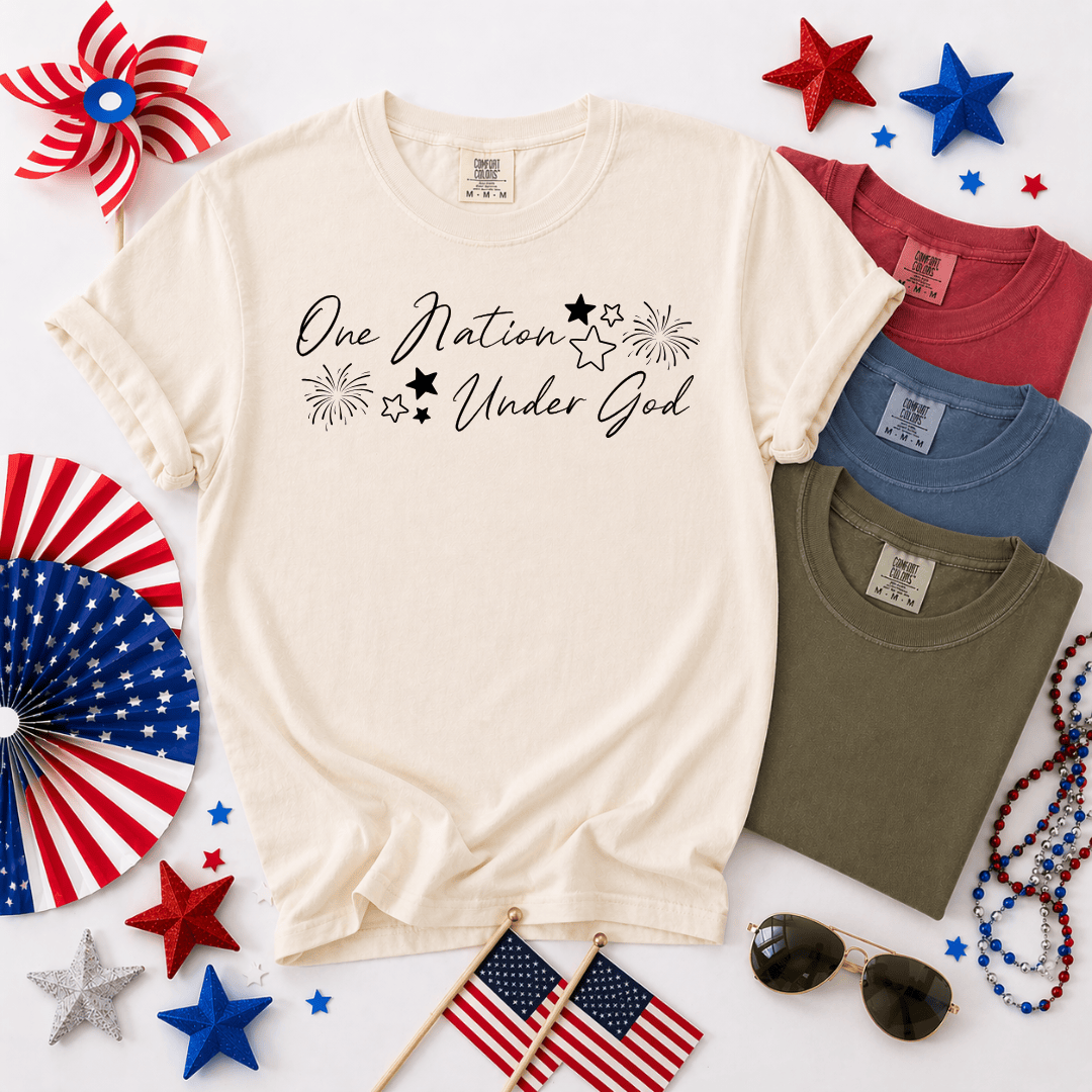 ellyandgrace 1717 Fireworks- One Nation Under God Comfort Colors Unisex Shirt