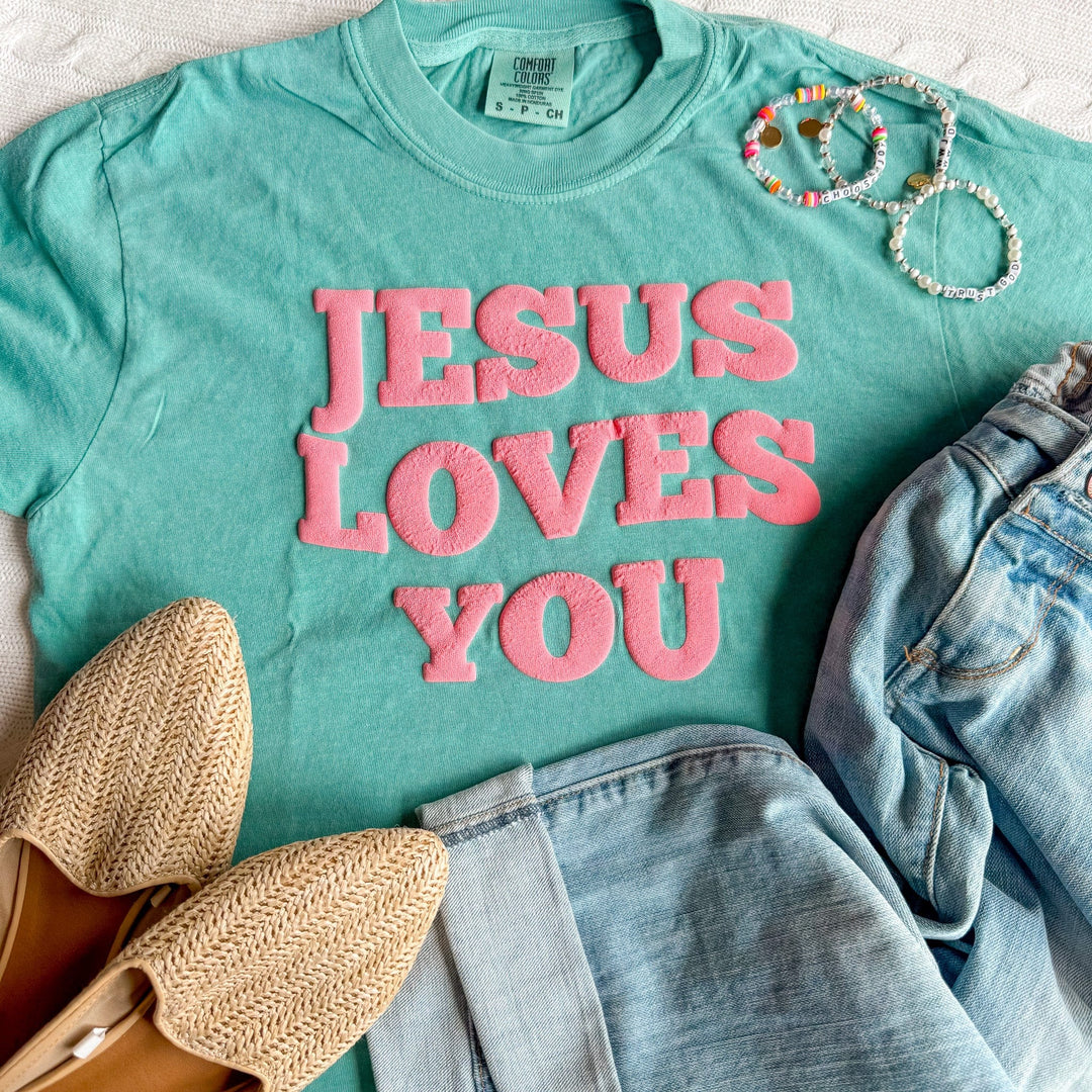 ellyandgrace 1717 PUFF Jesus Loves You Comfort Colors Unisex Shirt