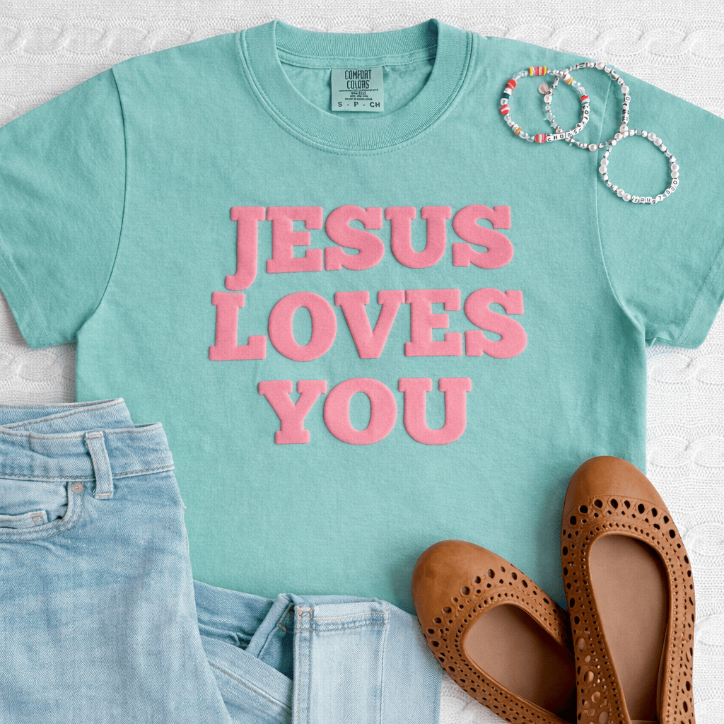ellyandgrace 1717 PUFF Jesus Loves You Comfort Colors Unisex Shirt
