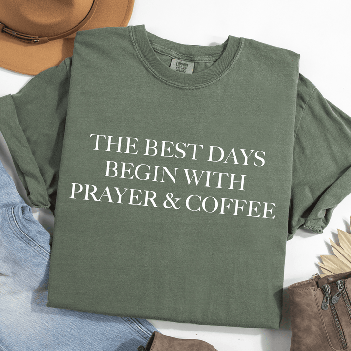 ellyandgrace 1717 The Best Days Begin With Prayer And Coffee Comfort Colors Unisex Shirt