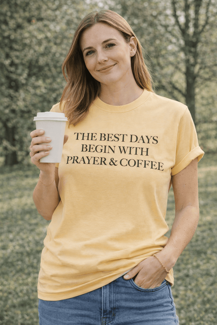 ellyandgrace 1717 The Best Days Begin With Prayer And Coffee Comfort Colors Unisex Shirt