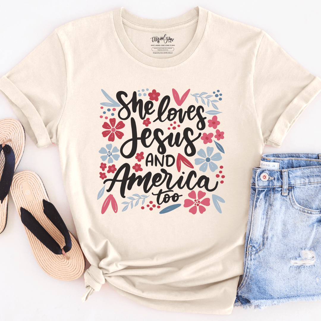 ellyandgrace 3001C She Loves Jesus & America Too Multicolor Unisex Shirt