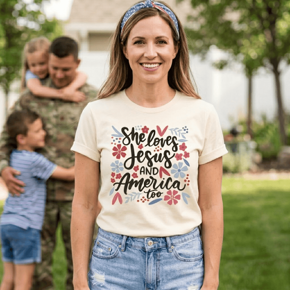 ellyandgrace 3001C She Loves Jesus & America Too Multicolor Unisex Shirt