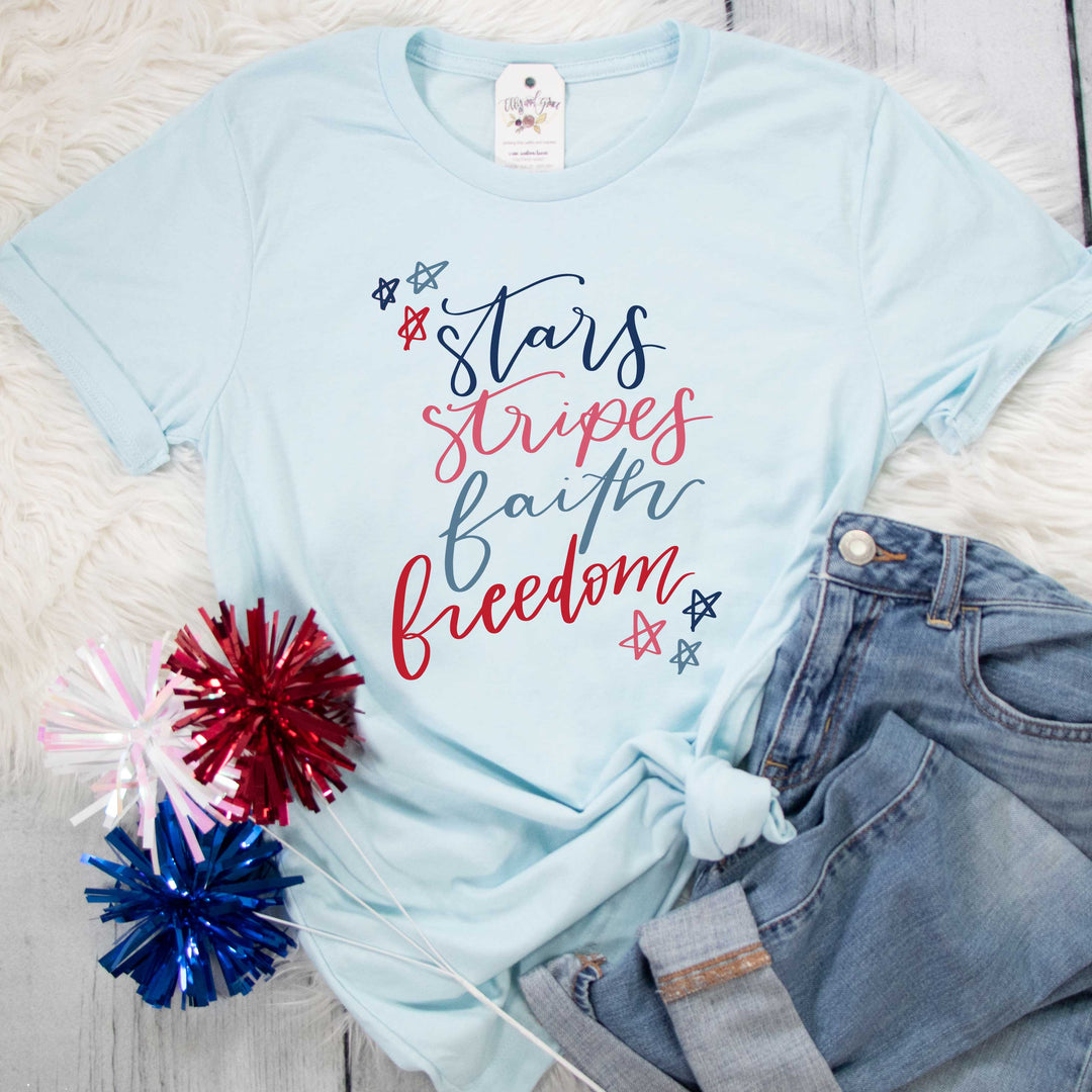 ellyandgrace 3001C Stars Stripes Faith Freedom Multicolor Unisex Shirt