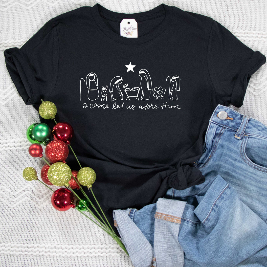 ellyandgrace 3001C Unisex XS / Heather Black Manger O Come Let Us Adore Him Unisex Shirt