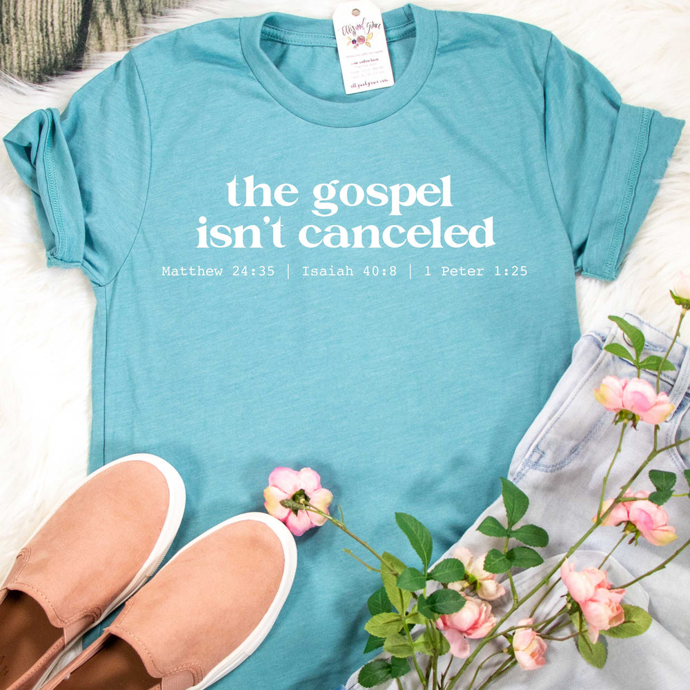 ellyandgrace 3001C Unisex XS / Heather Blue Lagoon RETIRED  The Gospel Isn't Canceled Unisex Shirt