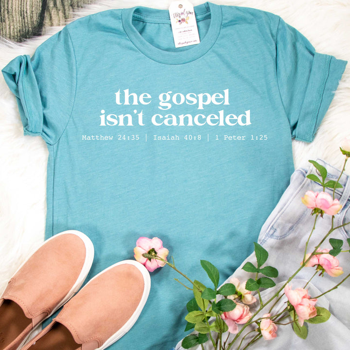 ellyandgrace 3001C Unisex XS / Heather Blue Lagoon RETIRED  The Gospel Isn't Canceled Unisex Shirt
