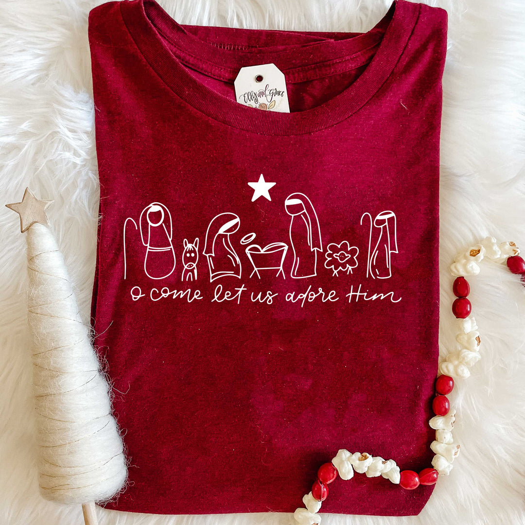 ellyandgrace 3001C Unisex XS / Heather Cardinal Manger O Come Let Us Adore Him Unisex Shirt