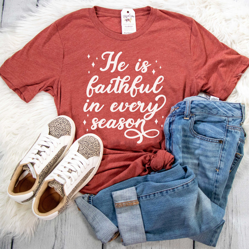 ellyandgrace 3001C Unisex XS / Heather Clay He is Faithful in Every Season Fall Unisex Shirt