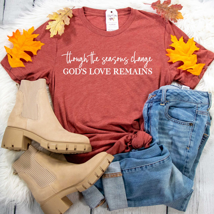 ellyandgrace 3001C Unisex XS / Heather Clay Though the Seasons Change God's Love Remains Unisex Shirt