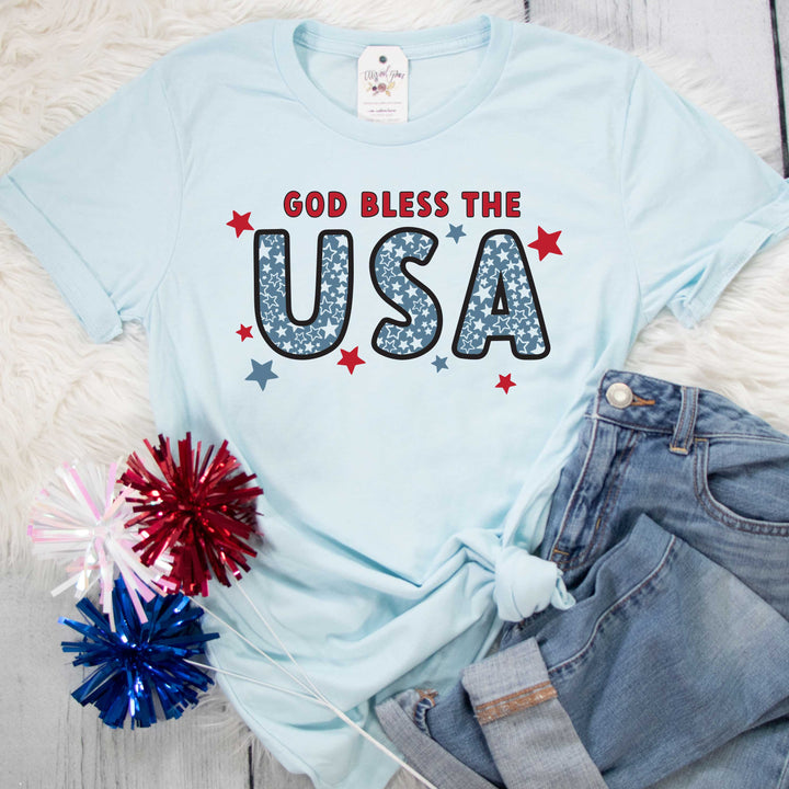 ellyandgrace 3001C Unisex XS / Heather Ice Blue God Bless the USA Multicolor Unisex Shirt