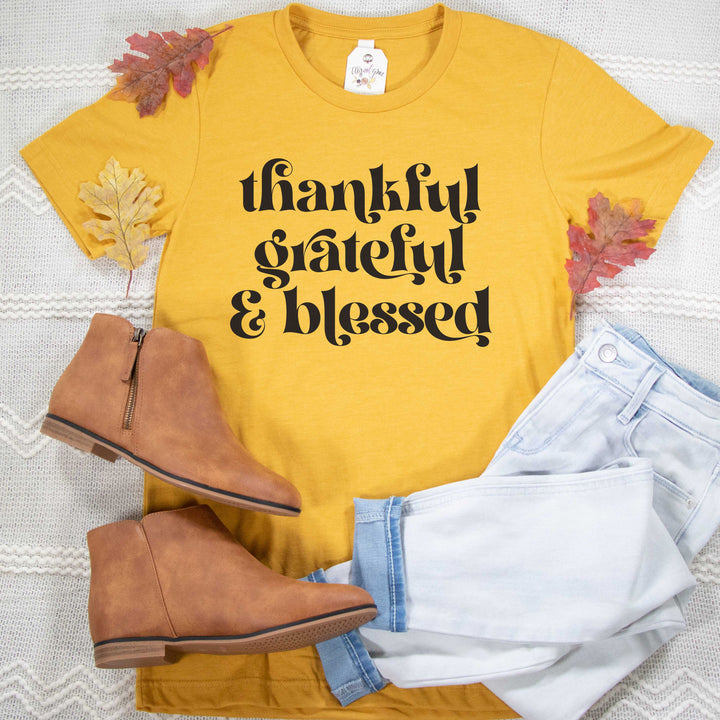 ellyandgrace 3001C Unisex XS / Heather Mustard Thankful Grateful & Blessed Unisex Shirt