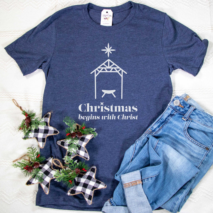 ellyandgrace 3001C Unisex XS / Heather Navy Christmas Begins with Christ Unisex Shirt