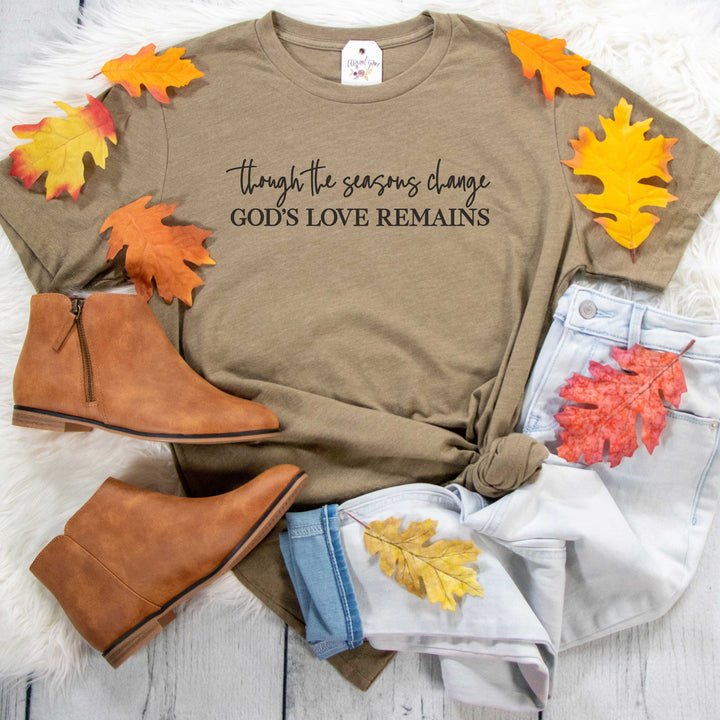 ellyandgrace 3001C Unisex XS / Heather Olive Though the Seasons Change God's Love Remains Unisex Shirt