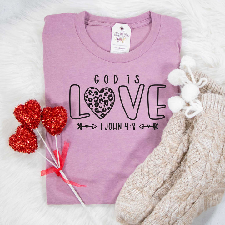 ellyandgrace 3001C Unisex XS / Heather Orchid God is Love Leopard Heart Unisex Shirt