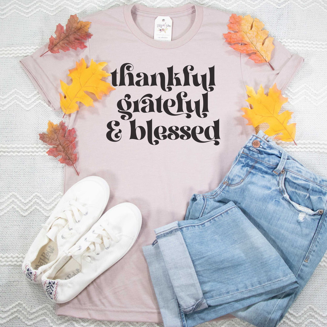 ellyandgrace 3001C Unisex XS / Heather Pink Gravel Thankful Grateful & Blessed Unisex Shirt