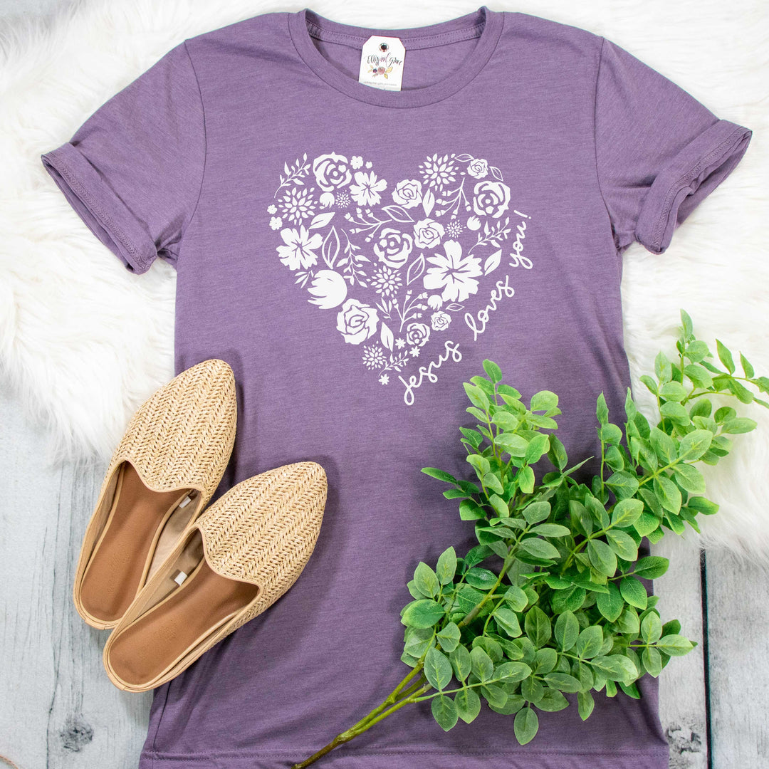 ellyandgrace 3001C Unisex XS / Heather Purple Floral Heart Jesus Loves You Unisex Shirt