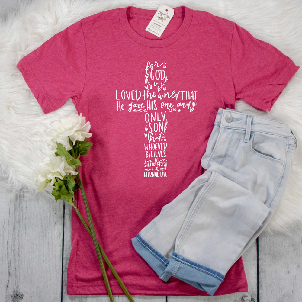 ellyandgrace 3001C Unisex XS / Heather Raspberry Floral John 3:16 Cross Unisex Shirt