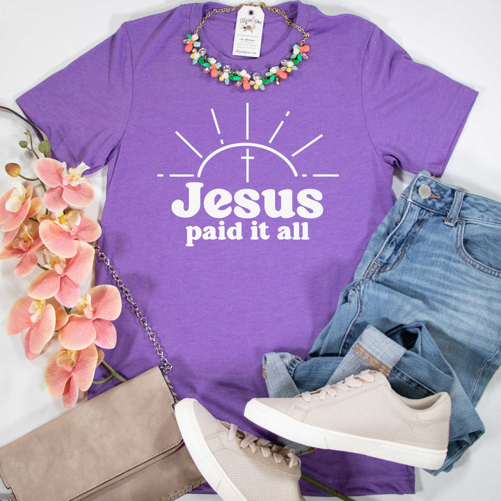 ellyandgrace 3001C Unisex XS / Heather Team Purple Jesus Paid it All Unisex Shirt