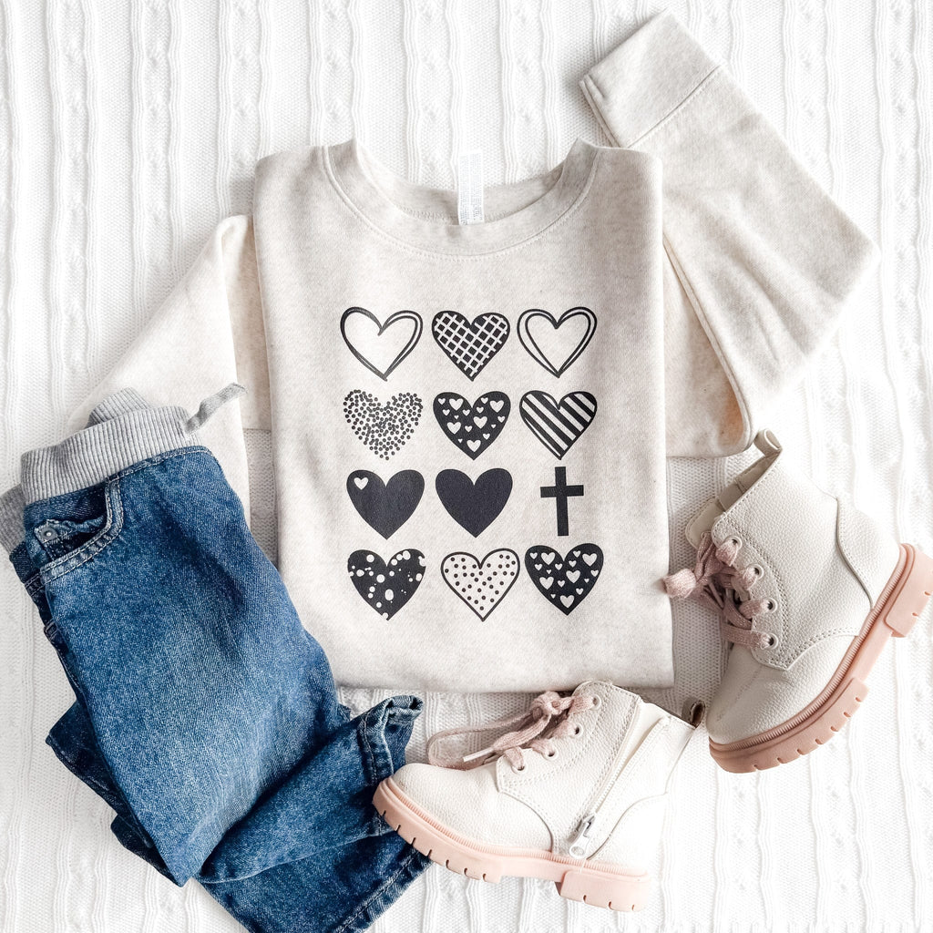 ellyandgrace 3317 Hearts & Cross Toddler Fleece Crewneck Sweatshirt
