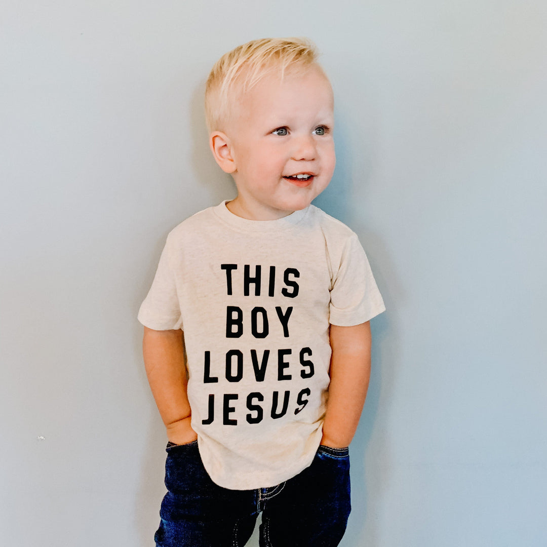 ellyandgrace 3321 2T / Heather Natural This Boy Loves Jesus Toddler Shirt